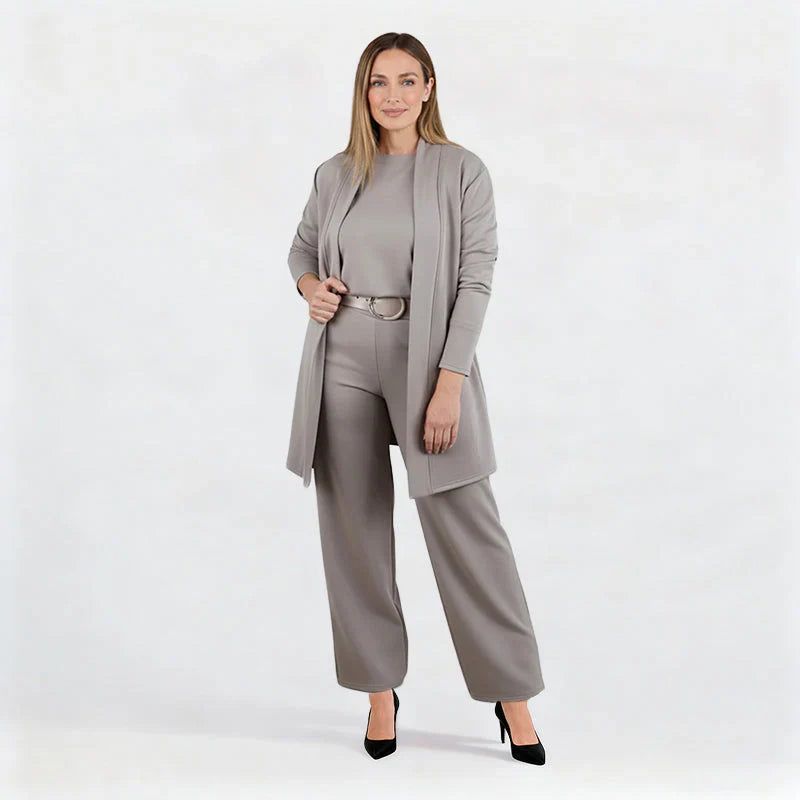 Elena – Ensemble élégant femme 3 pièces (veste, haut et pantalon)